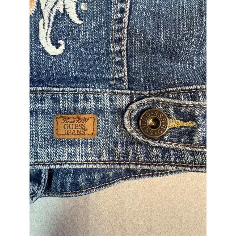 Guess Cropped Y2K Denim Jacket Women S Blue Embroidered Butterfly Stretch Jean - Picture 4 of 8
